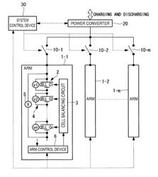 Power storage system including a plurality of battery modules and on/off devices or voltage converters