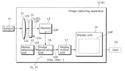 Image capturing apparatus and method for displaying a subject of image capturing and indicating motion of the image capturing apparatus during the image capturing