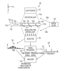 SPATIAL MODULATION OF LIGHT TO DETERMINE DIMENSIONAL CHARACTERISTICS OF OBJECTS IN A FLOW PATH