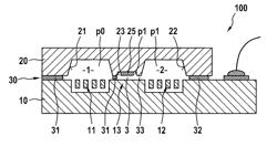 Component including two semiconductor elements between which at least two hermetically tightly sealed cavities having different internal pressures are formed and method for manufacturing such a component