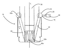 Blow molding machine with blow molding piston with obliquely arranged connecting lines