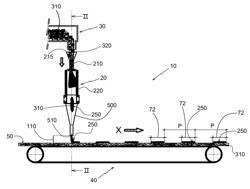 Method and apparatus for discontinuous applications, at a constant pitch, of controlled quantities of absorbent material in granules