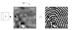 Electronic device including sub-array based deblurring of a blurred finger image and related methods