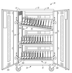 Repositionable shelf system for device charging and storage cabinets or carts