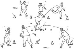 GYMNASIUM GAME WITH PROJECTILES, MOVABLE TARGET, AND TWO TEAMS