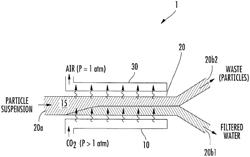 DEVICE AND METHODS FOR CONTINUOUS FLOW SEPARATION OF PARTICLES BY GAS DISSOLUTION