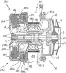 PUMP FOR RECIRCULATING A COOLING LIQUID FOR COMBUSTION ENGINES WITH HYBRID CONTROL SYSTEM COMPRISING ELECTROMAGNETIC FRICTION COUPLING AND ELECTRIC MOTOR WHICH ARE AXIALLY OFFSET