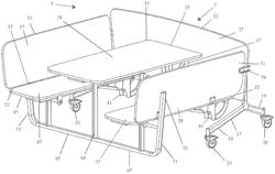 Booth having a base, a table, a bench and a support leg