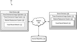 Modifying materials of three-dimensional digital scenes utilizing a visual neural network