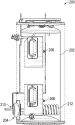 Submerged condensers and heat pump water heaters including same